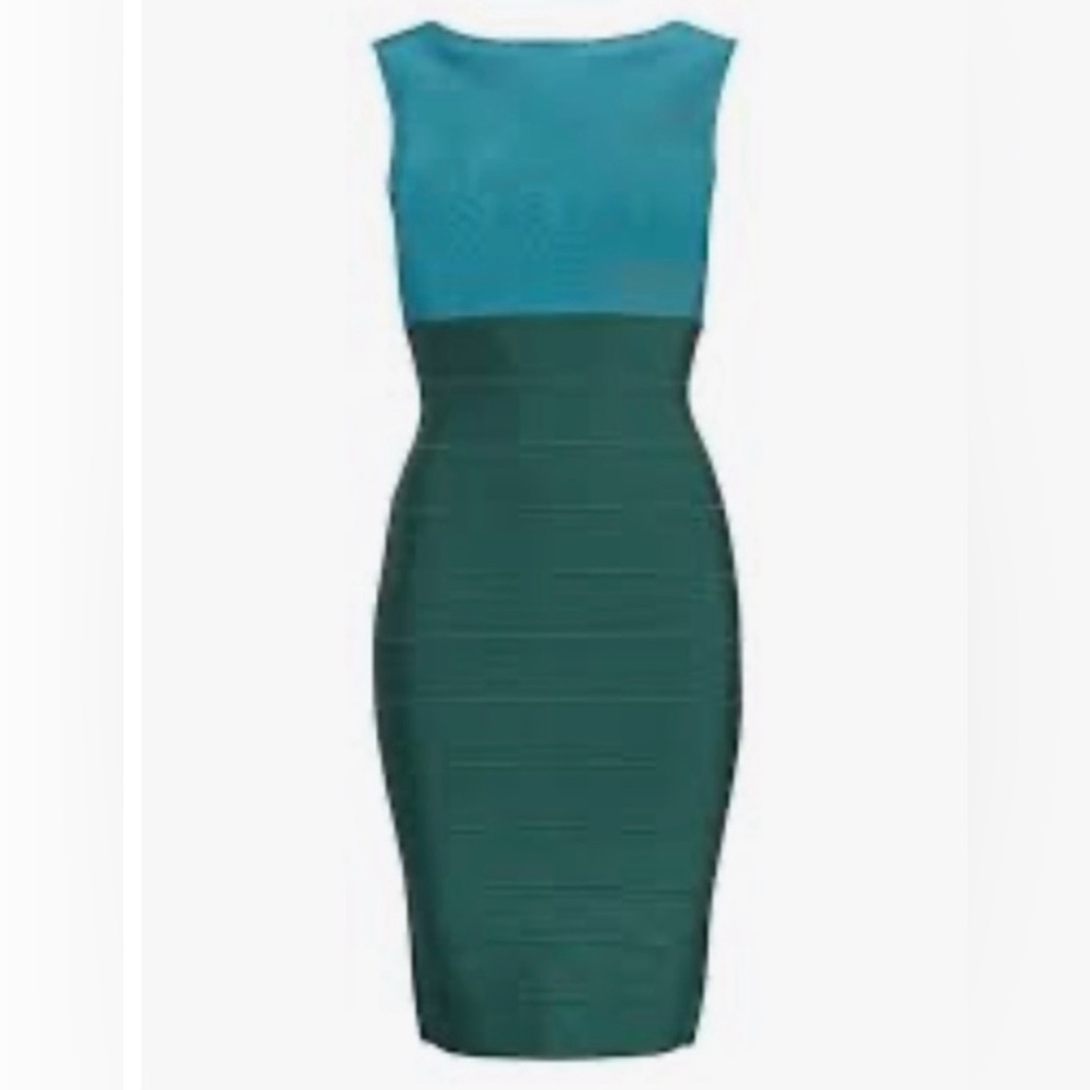 Herve Leger Teal and Dark Green Bandage Sheath Dress